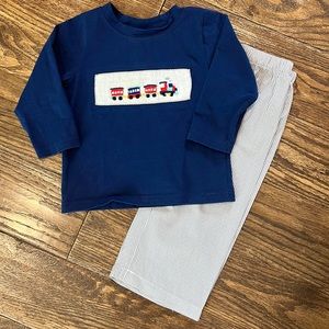 Navy blue and gray smocked train shirt. Gray gingham pants - Size 24m